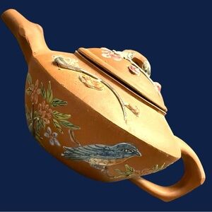 Vintage Hand Enameled Clay Tea Pot with Bird & Floral Design